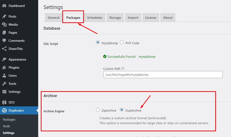 Duplicator settings package page