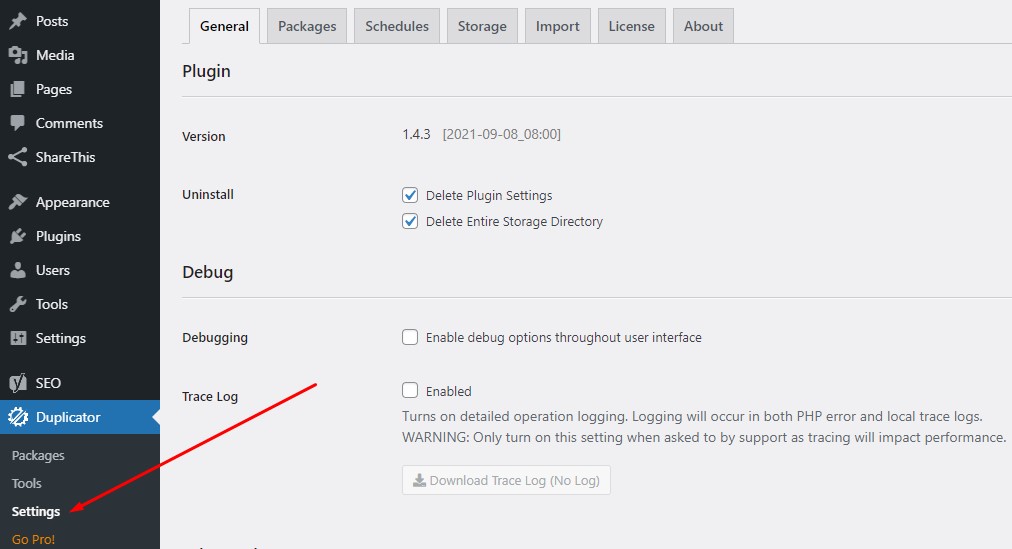 Duplicator settings page